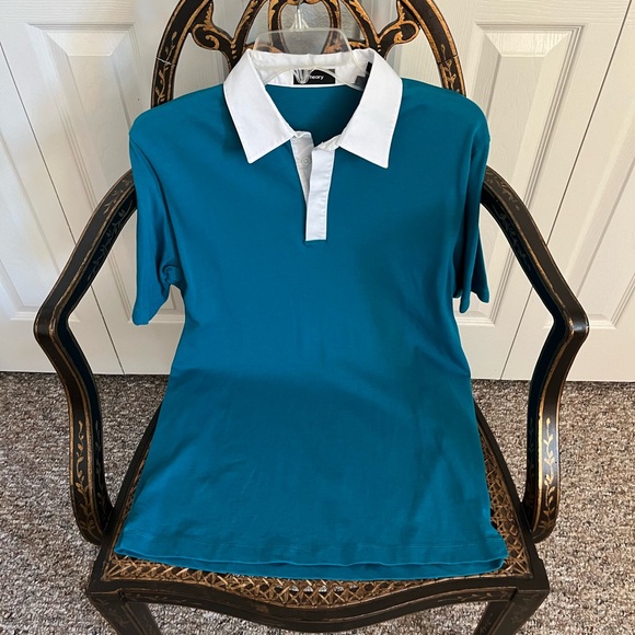 Theory Men’s Rugby Polo-Rope Collared Cotton Short Sleeve Jersey Turquoise Sz Sm - Picture 2 of 4